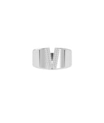 Custom Initial Pave Wide Band Ring in white gold featuring wide band with pav initial