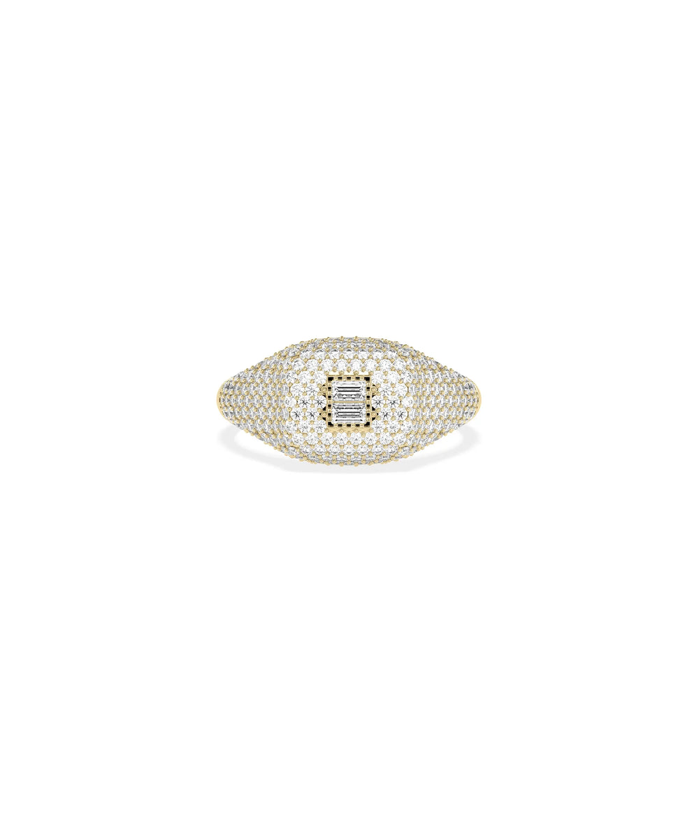 Diamond Baguette Cluster and Pave Cushion Signet Ring in yellow gold with baguette cluster