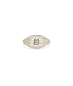 Diamond Baguette Cluster and Pave Cushion Signet Ring in yellow gold with baguette cluster