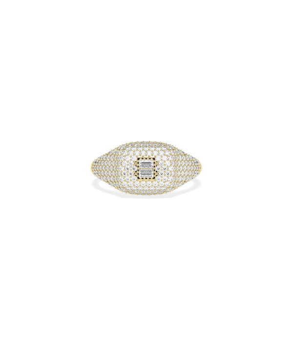 Diamond Baguette Cluster and Pave Cushion Signet Ring in yellow gold with baguette cluster