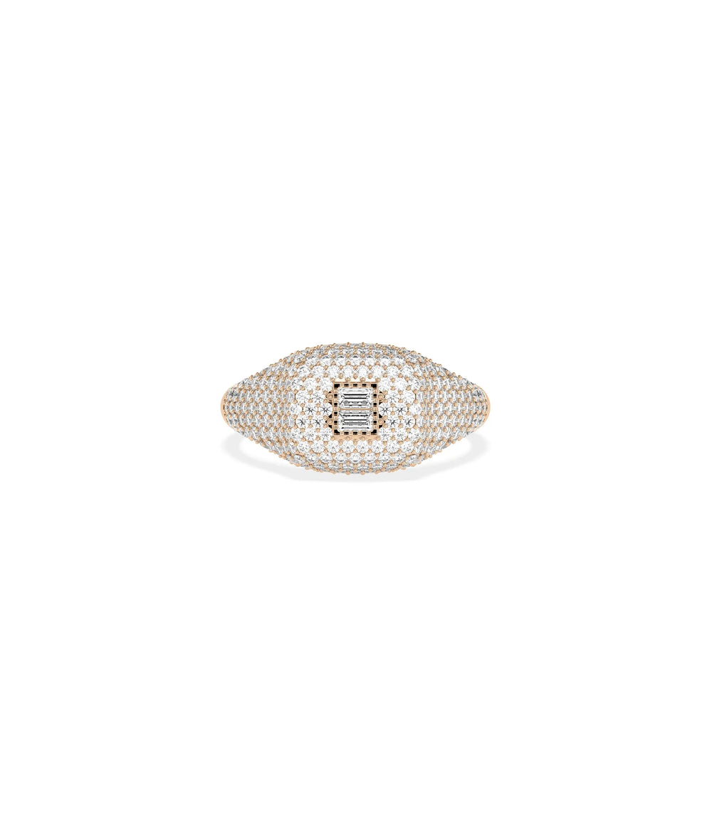 Rose gold Diamond Baguette Cluster and Pave Cushion Signet Ring with geometric baguettes