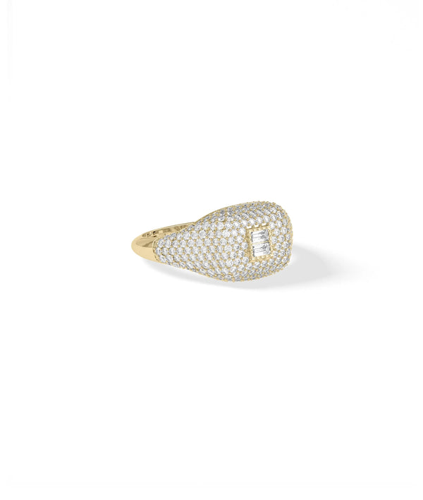 Side view of Diamond Baguette Cluster and Pave Cushion Signet Ring showing dimensional desig alternate view