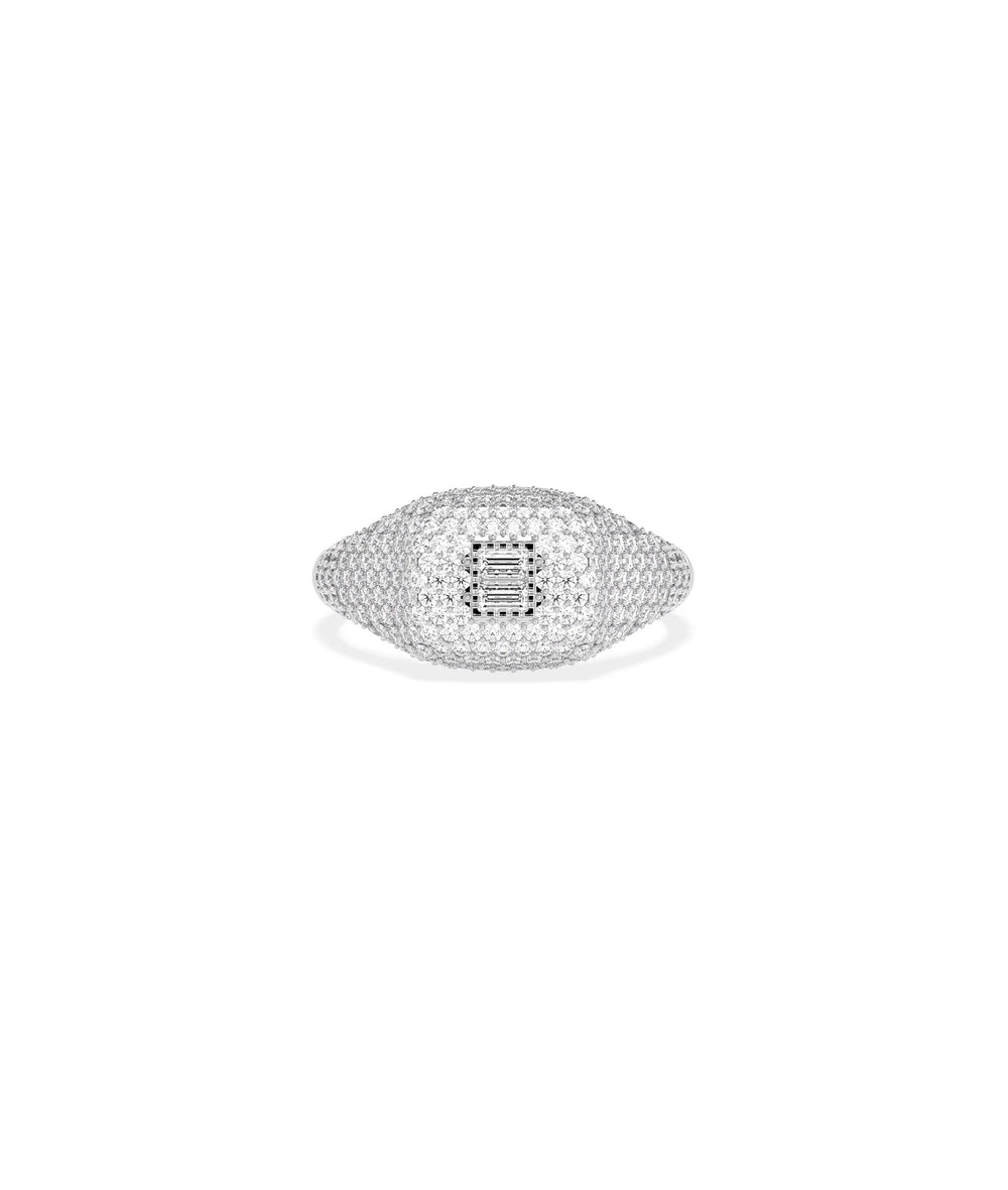 Diamond Baguette Cluster and Pave Cushion Signet Ring in white gold with pavé base