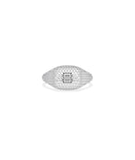 Diamond Baguette Cluster and Pave Cushion Signet Ring in white gold with pav base