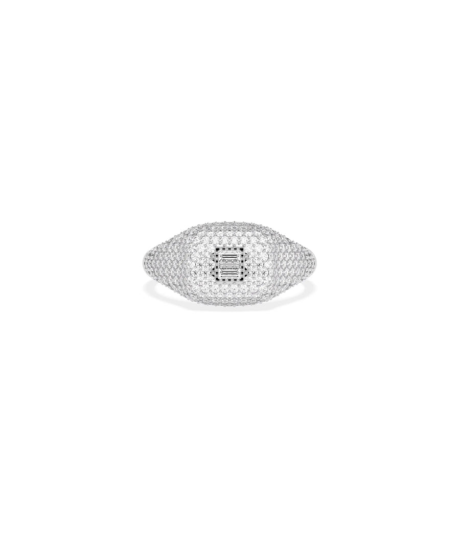Diamond Baguette Cluster and Pave Cushion Signet Ring in white gold with pav base