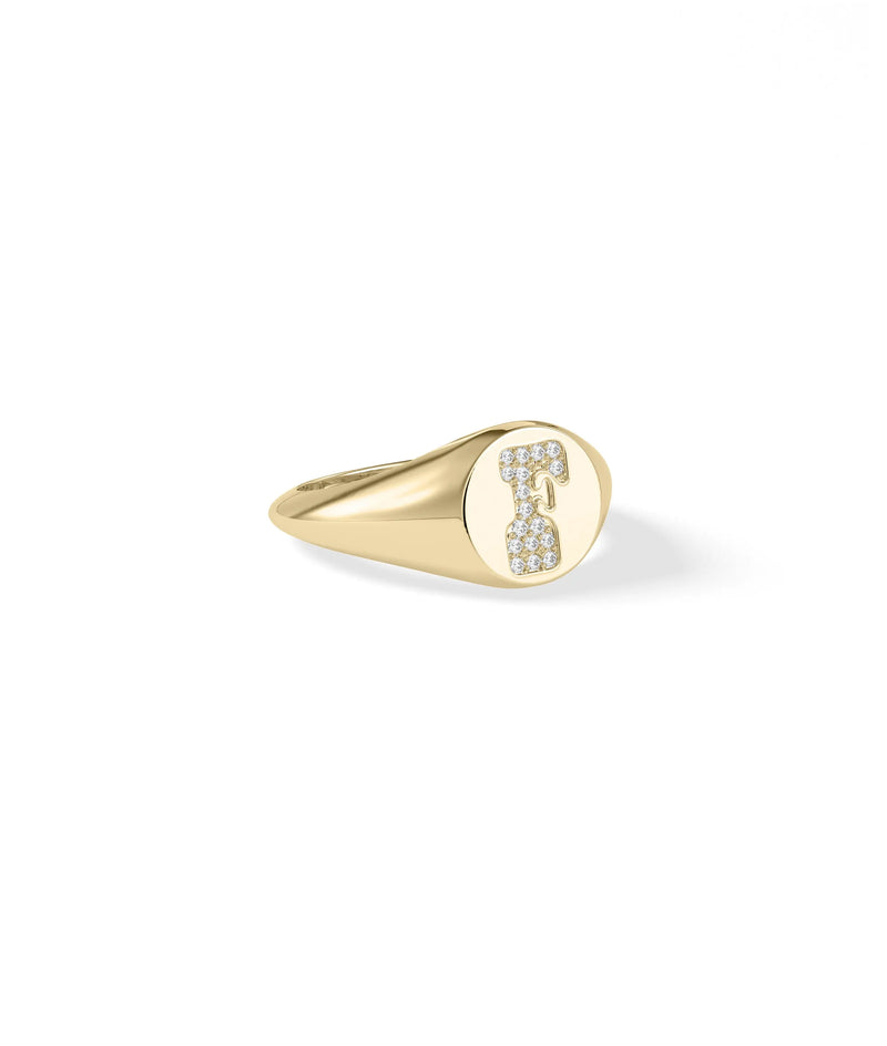Closeup of Custom Diamond Pave Initial Signet Ring showing initial and diamond detail