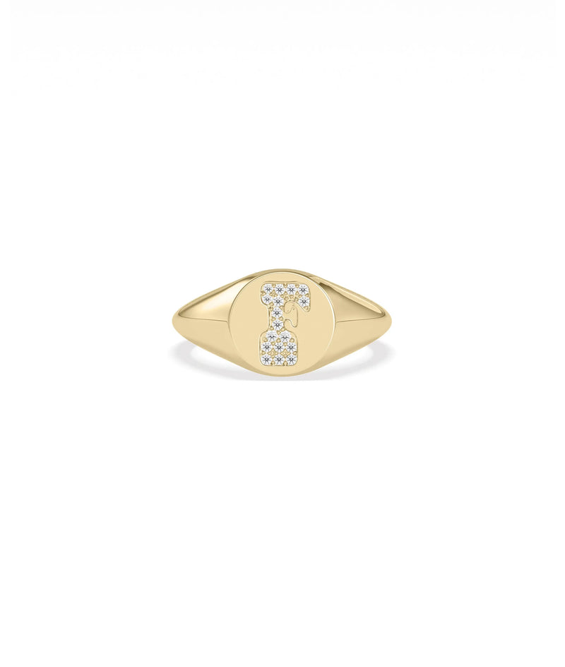 Custom Diamond Pave Initial Signet Ring on hand displaying modern signet styling