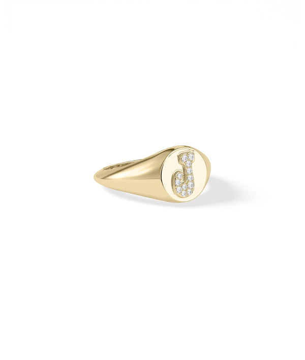 Side view of Custom Diamond Pave Initial Signet Ring showing 10mm signet face alternate view