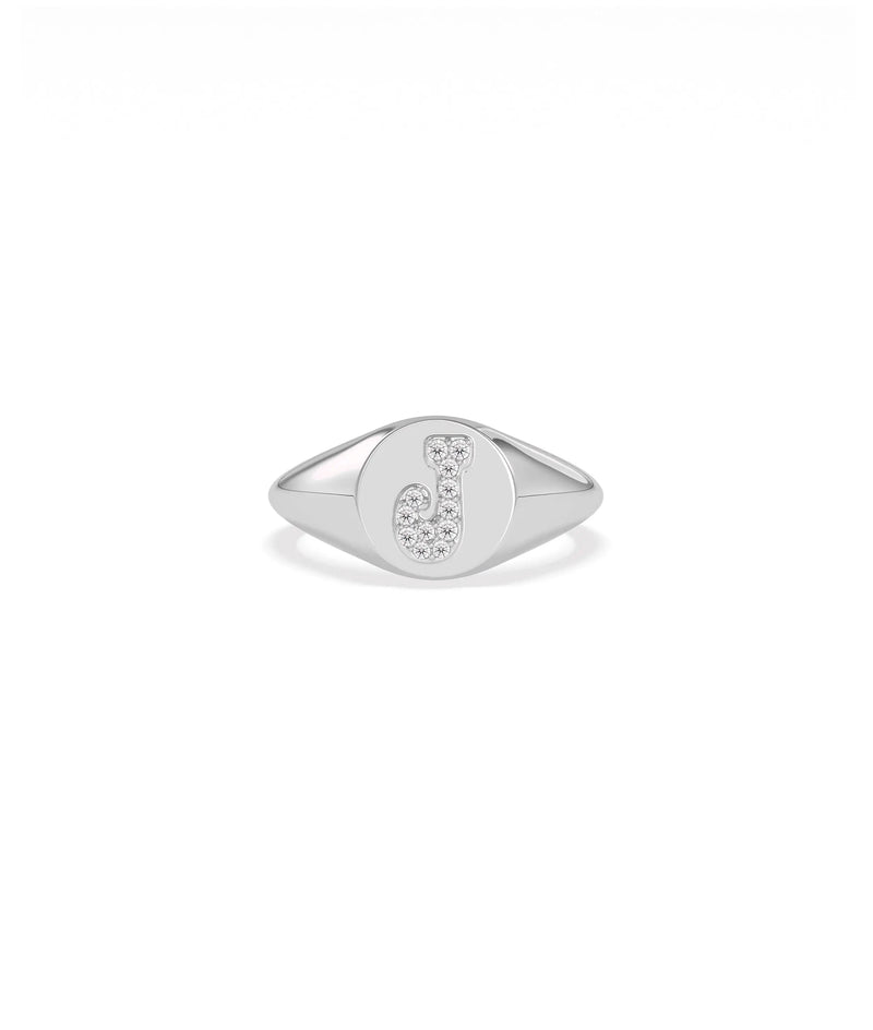 Custom Diamond Pave Initial Signet Ring in white gold with diamond pavé detailing