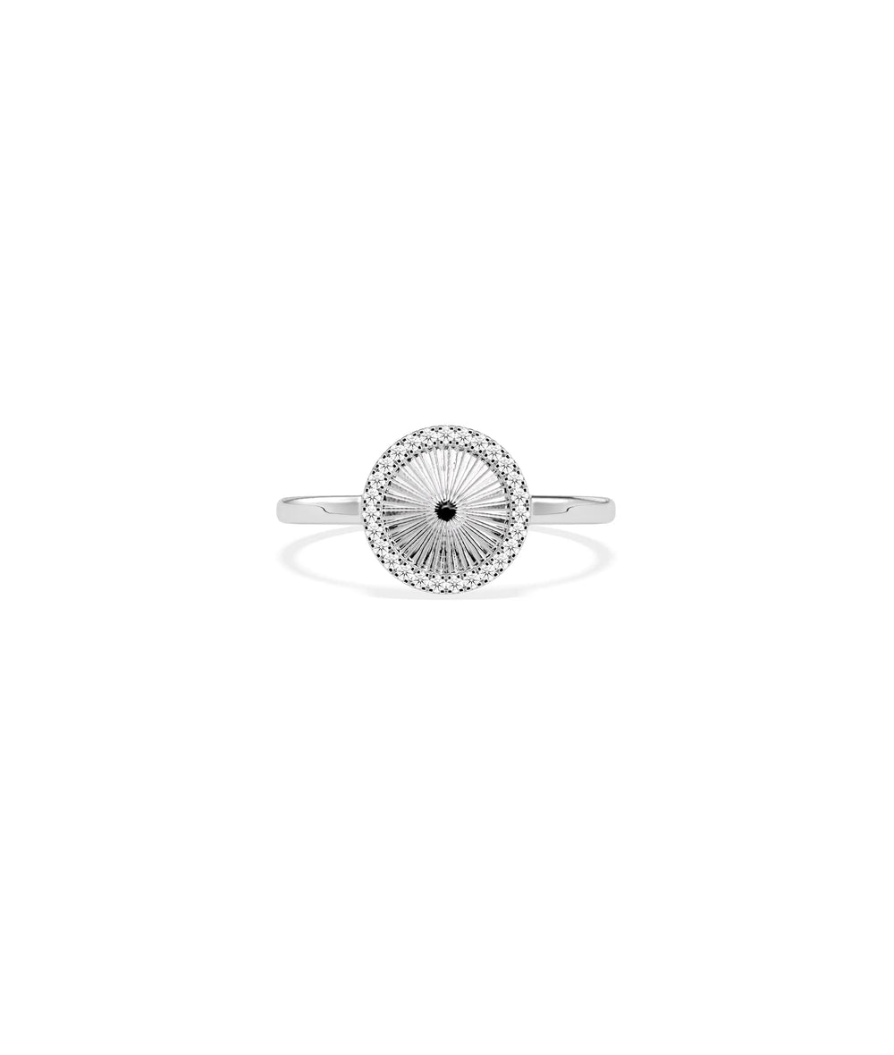Diamond Outline Fluted Circle Ring in white gold featuring textured circle with diamonds