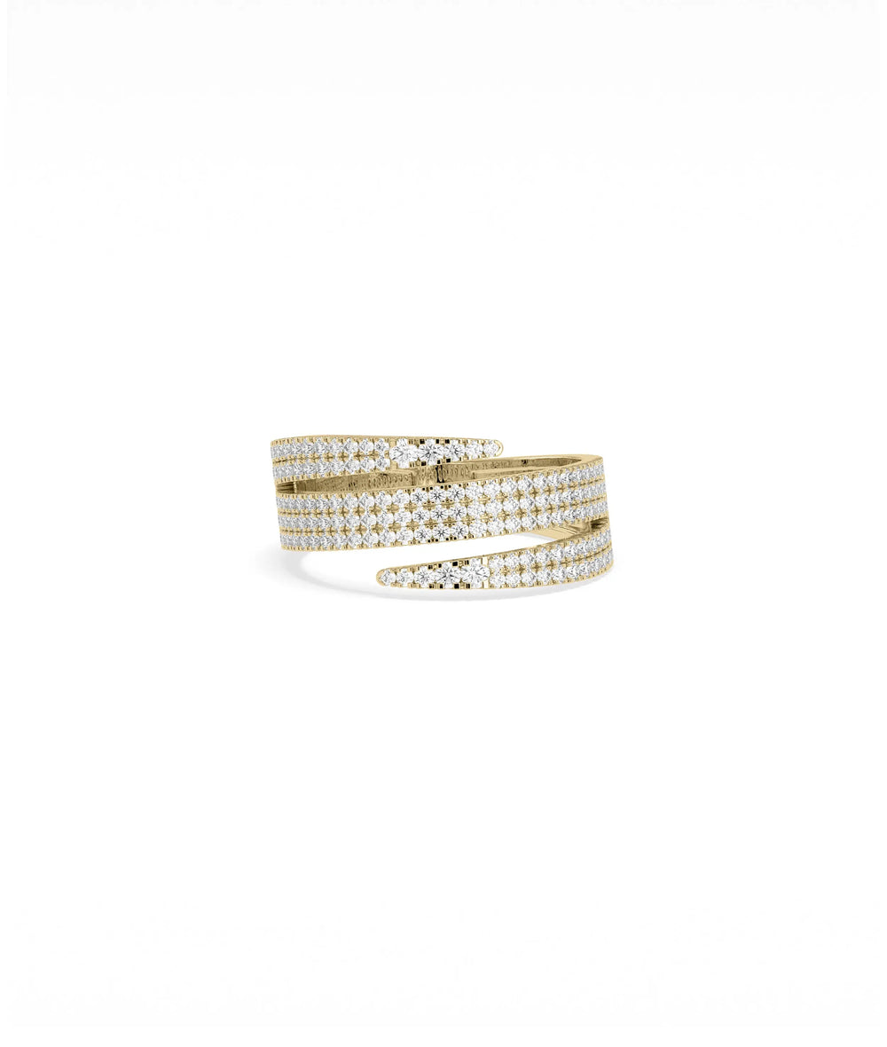 Diamond Pave Swirl Ring in yellow gold with dynamic spiral diamond design