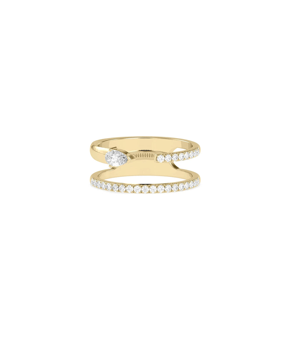 2 Line Diamond Pave and Solitaire Band Ring in yellow gold with center diamond