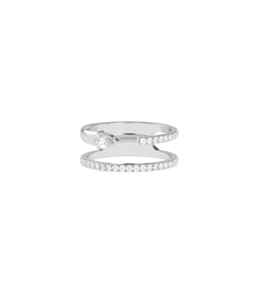 2 Line Diamond Pave and Solitaire Band Ring in white gold with dual pav rows