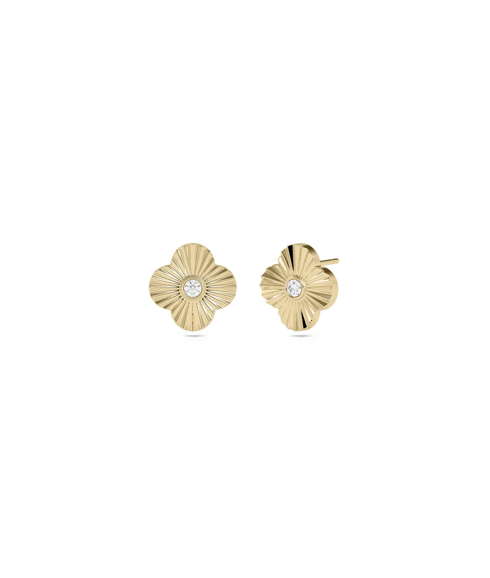 Clover Fluted Diamond Solitaire Stud Earring yellow gold showcasing clover design