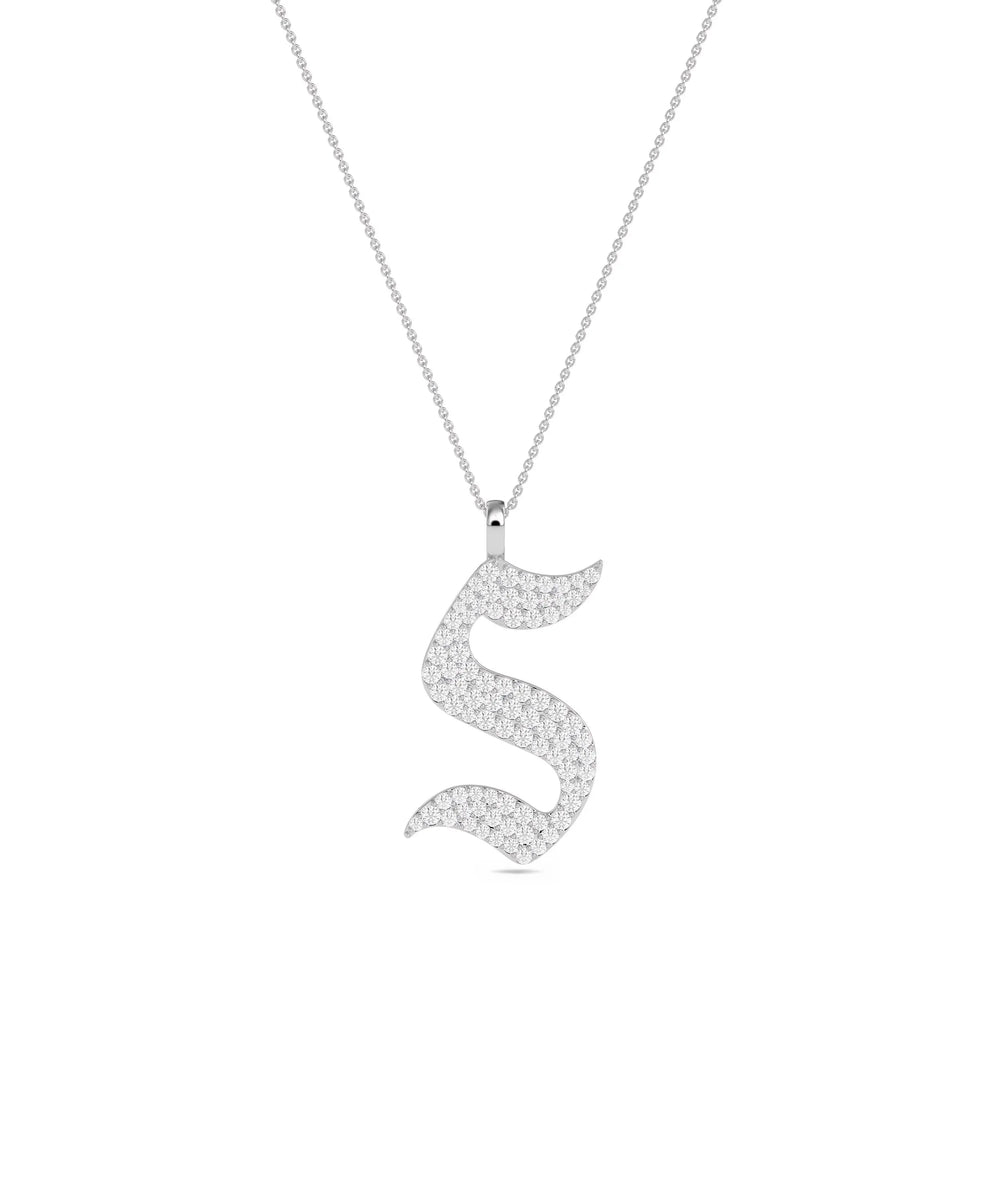White gold Gothic Pave Initial Charm distinctive design