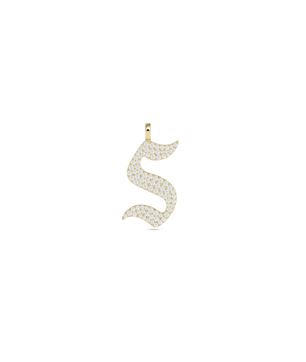 Gothic Pave Initial Charm yellow gold dramatic architectural personalized