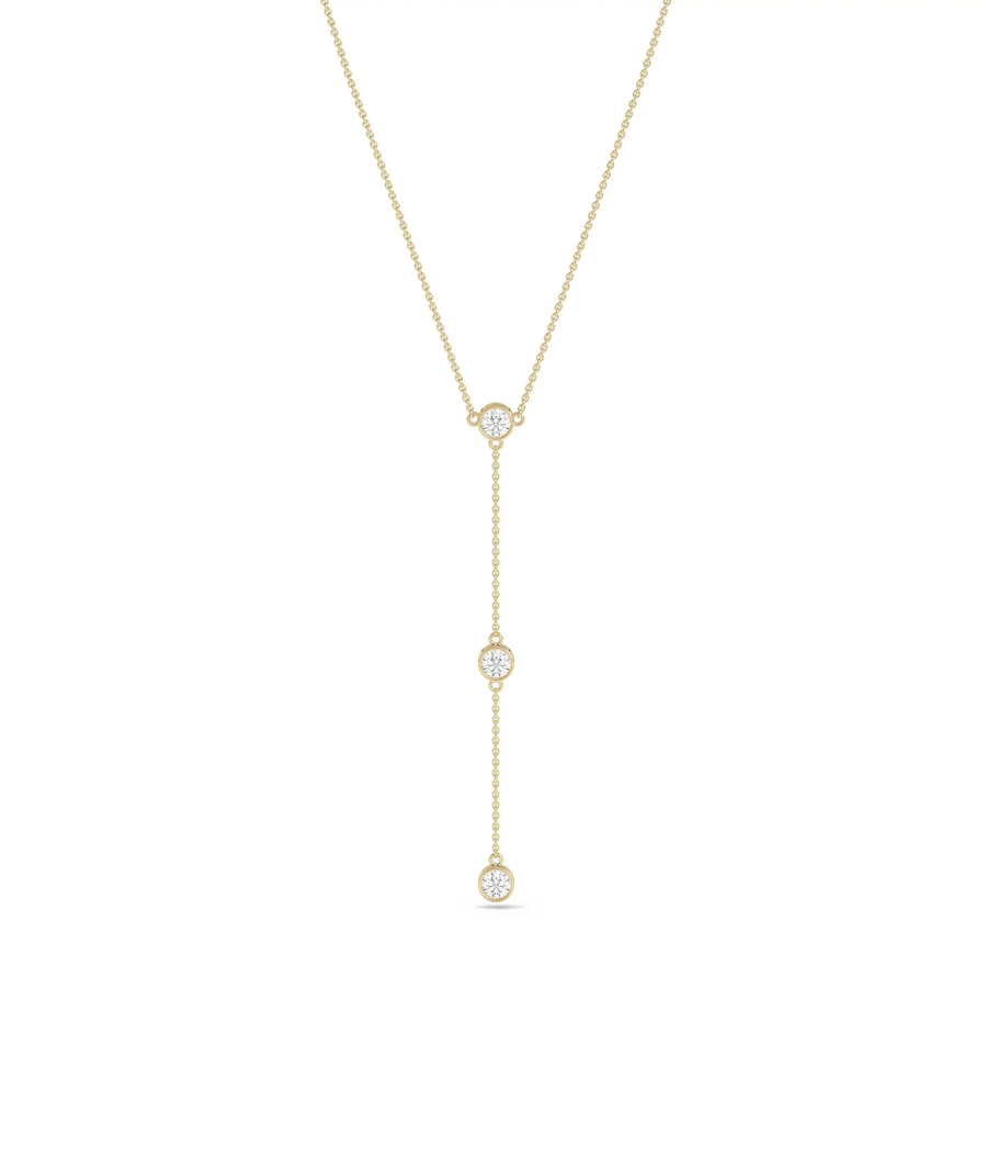 3 Diamond Solitaire Dangle yellow gold elegant flowing sparkle