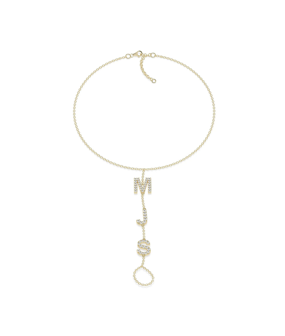 Custom Diamond Initials Bracelet Ring in yellow gold with personalized diamond letters