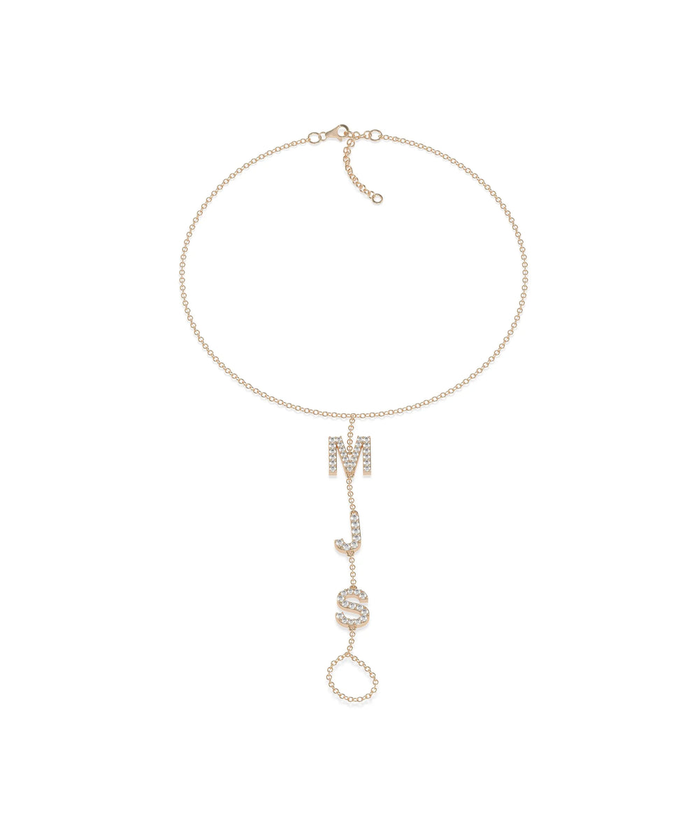 Rose gold Custom Diamond Initials Bracelet Ring with personalized letter hand chain