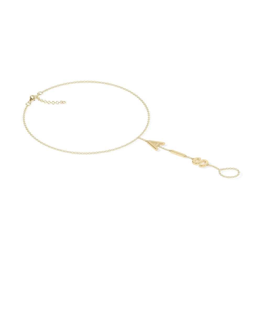 Custom Gold Initials Bracelet Ring side view displaying hand chain design