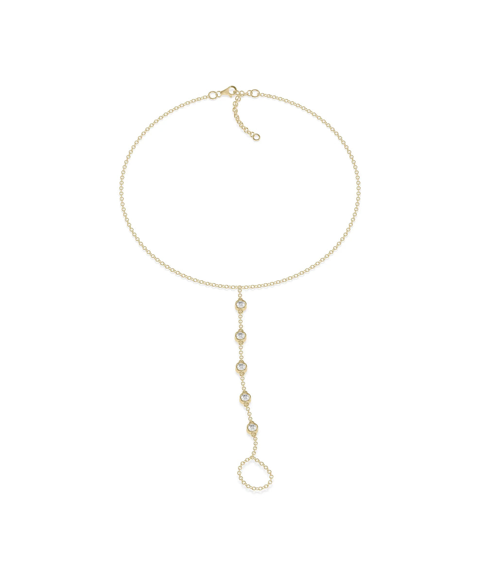 5 Diamond Bezel Bracelet Ring in yellow gold with five-station hand chain design