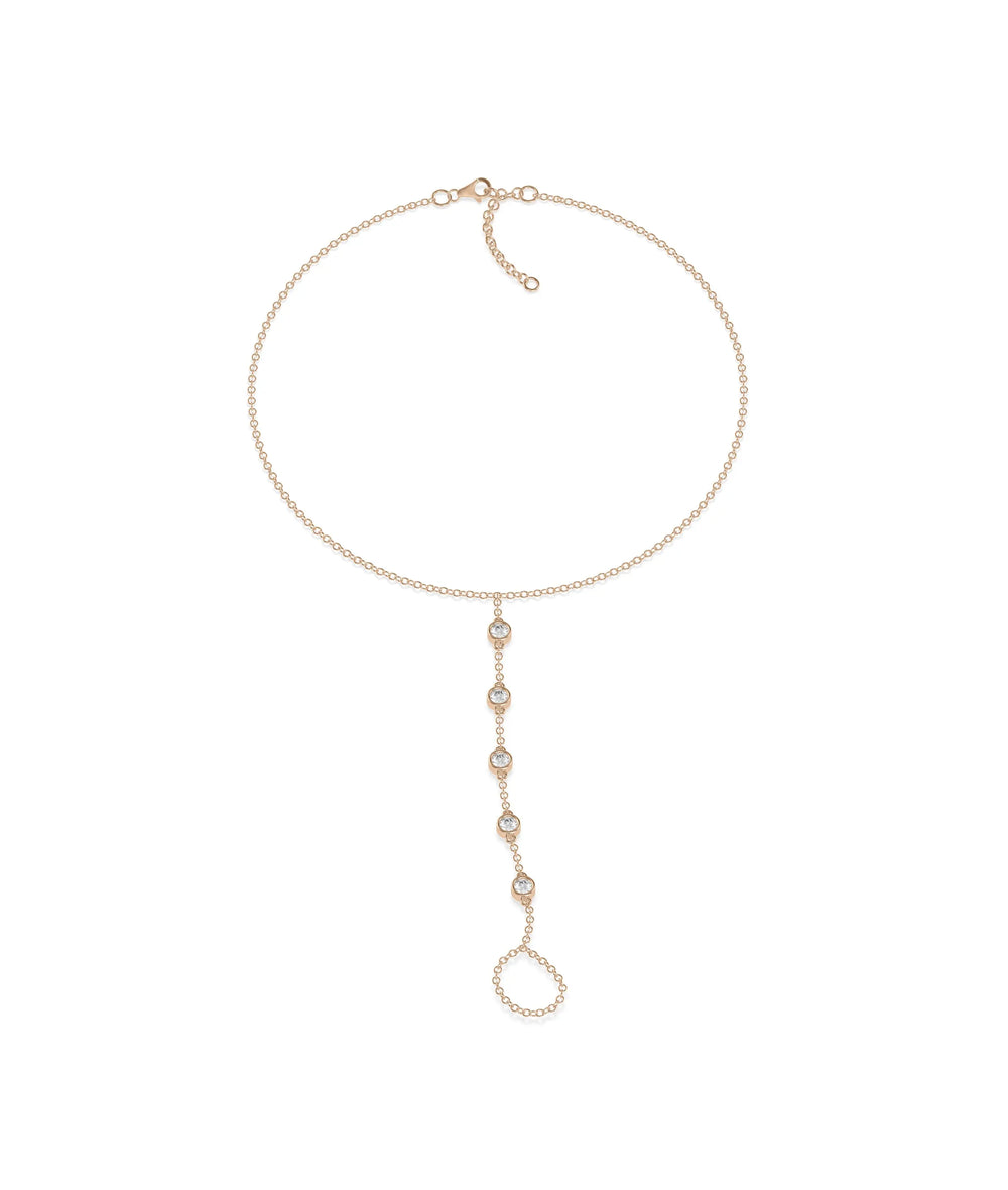 Rose gold 5 Diamond Bezel Bracelet Ring with five bezel-set diamonds on chains