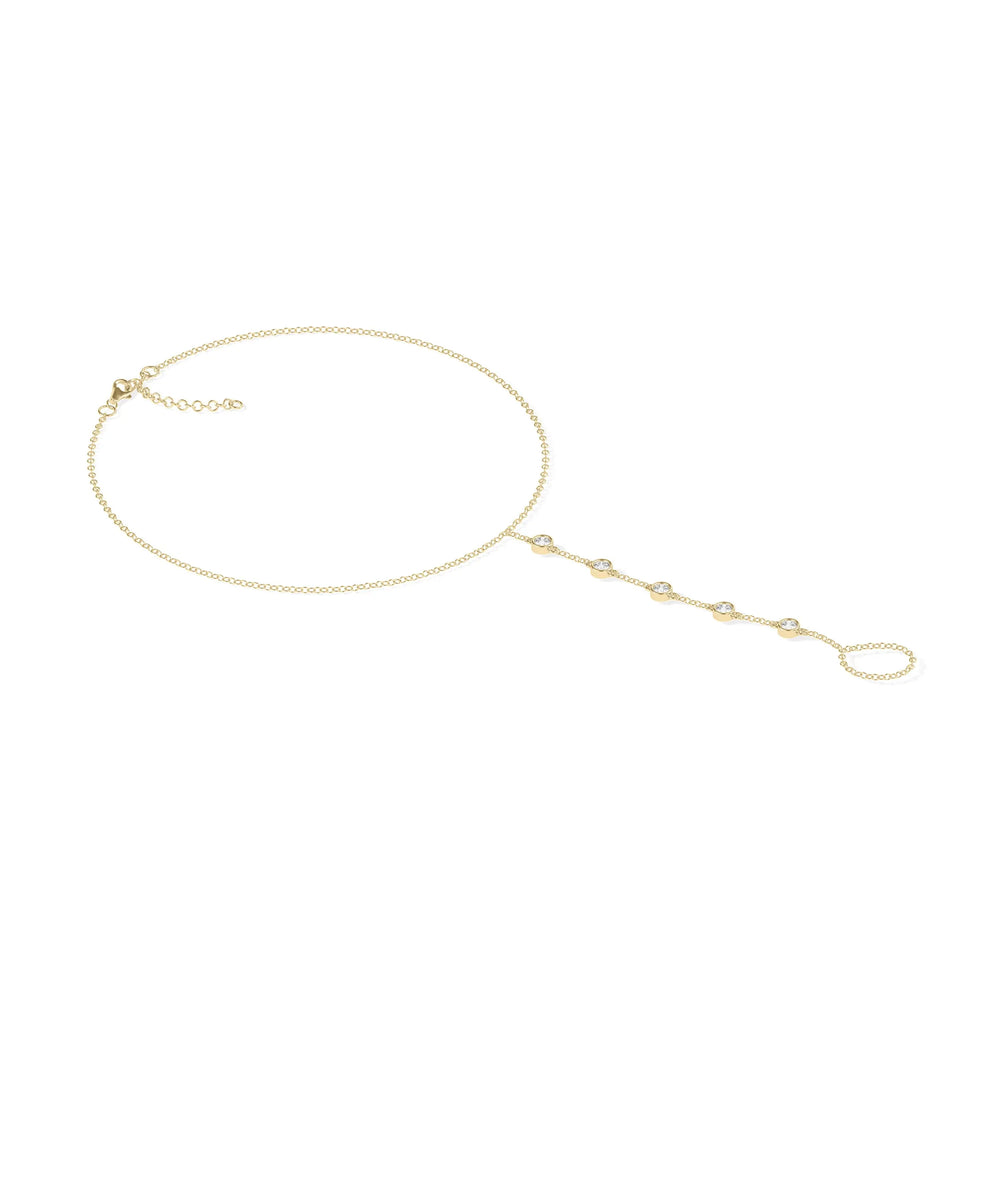 Side view of 5 Diamond Bezel Bracelet Ring showing bezel settings and chain detail