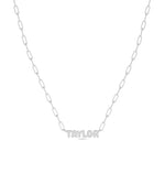 Custom Gold Name Paper Clip Chain Necklace in white gold with Bubble Typeface engraving