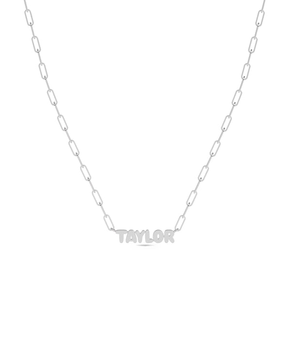 Custom Gold Name Paper Clip Chain Necklace in white gold with Bubble Typeface engraving alternate view