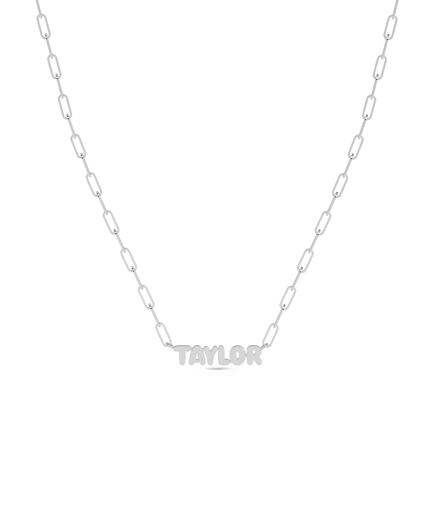 Custom Gold Name Paper Clip Chain Necklace in white gold with Bubble Typeface engraving