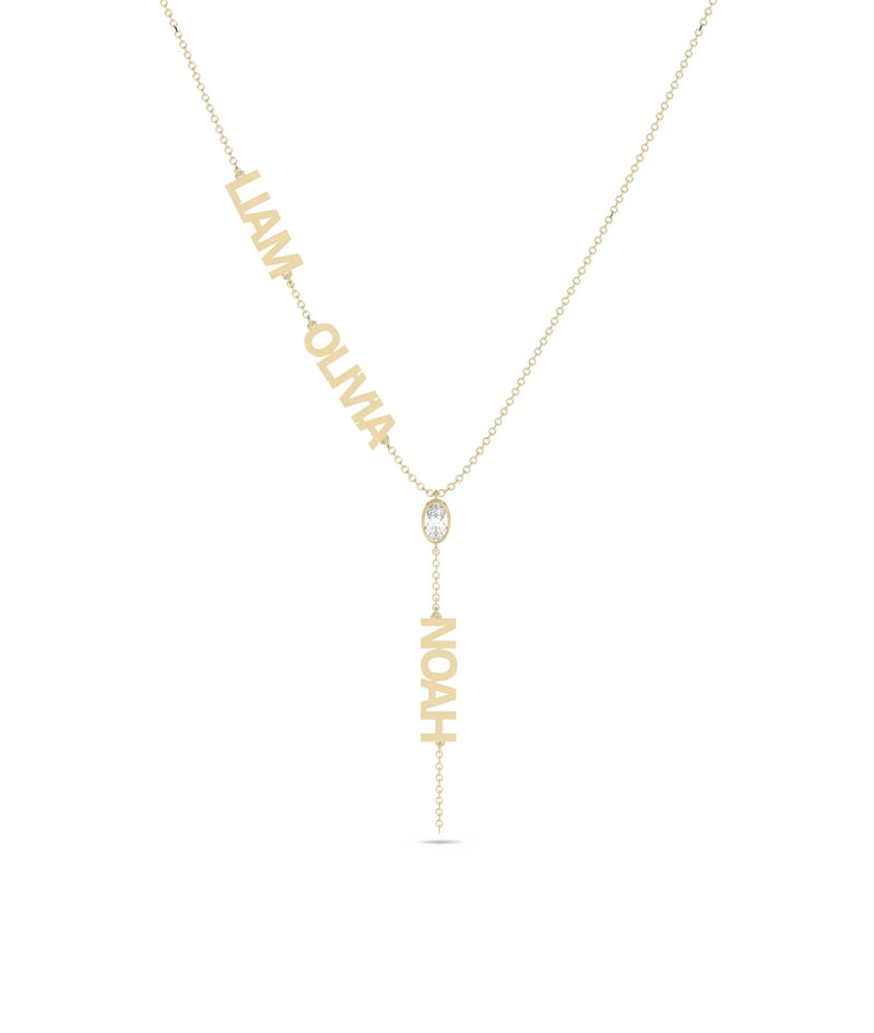 Custom 3 Name Y Shape Solitaire worn necklace display