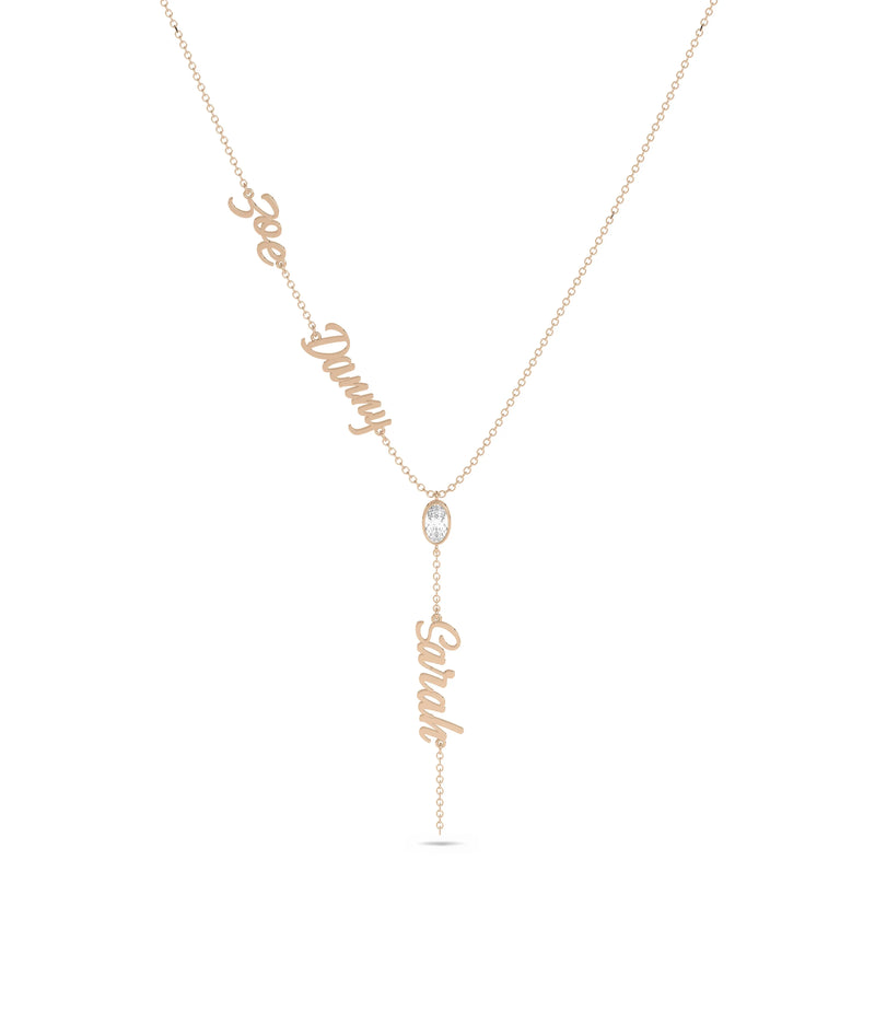 Rose gold Custom 3 Name Y Shape Solitaire featuring sparkle