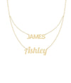 Custom 2 Name Layered Necklace worn on neckline displaying stacked dual-name styling