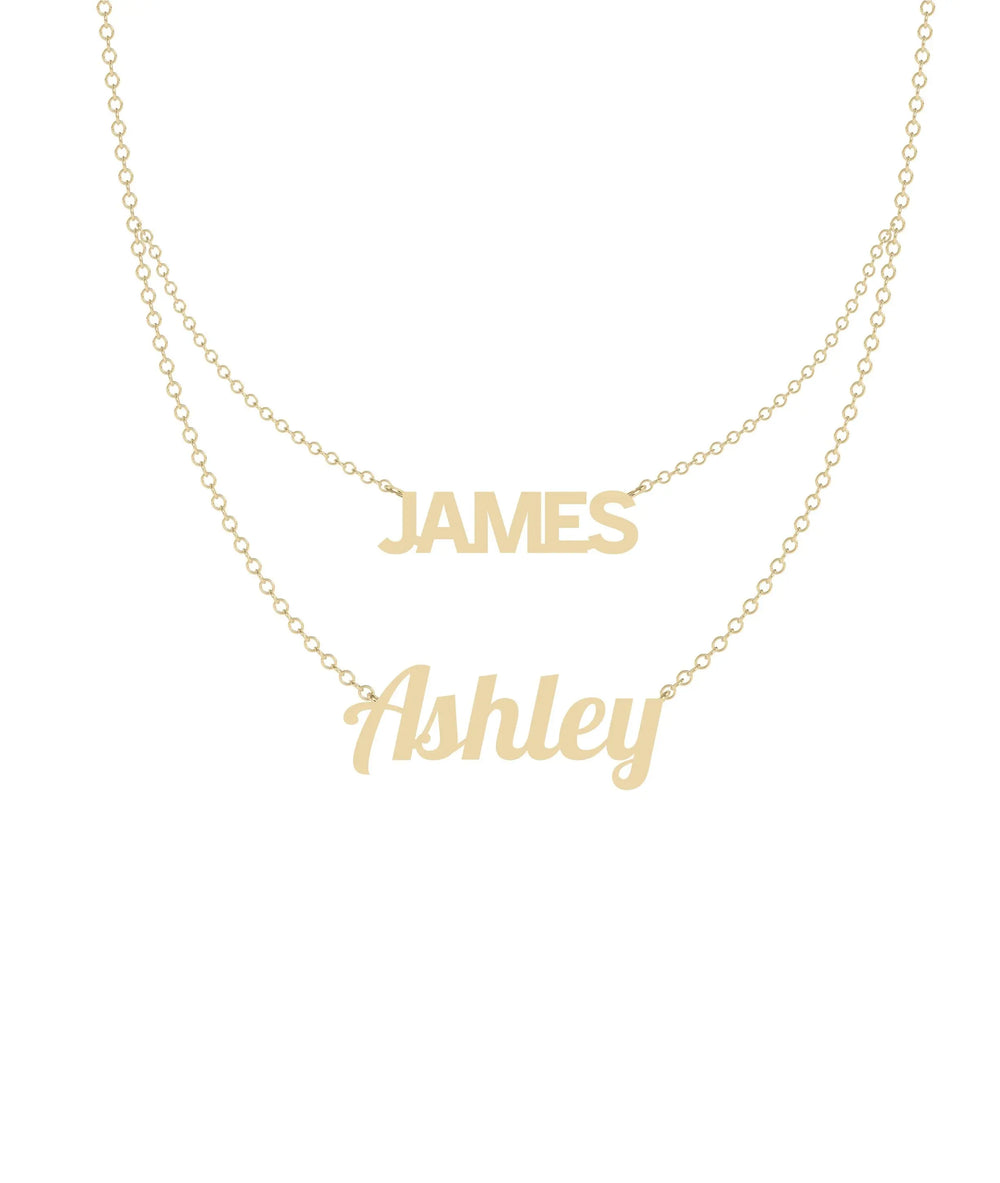 Custom 2 Name Layered Necklace worn on neckline displaying stacked dual-name styling