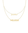Closeup of Custom 2 Name Layered Necklace showing two personalized name letter craftsmanship