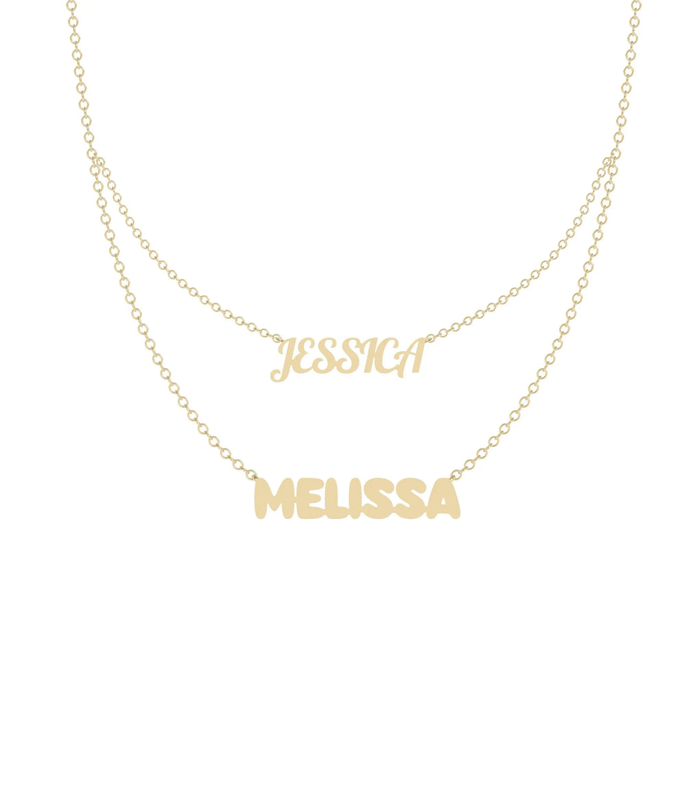 Closeup of Custom 2 Name Layered Necklace showing two personalized name letter craftsmanship