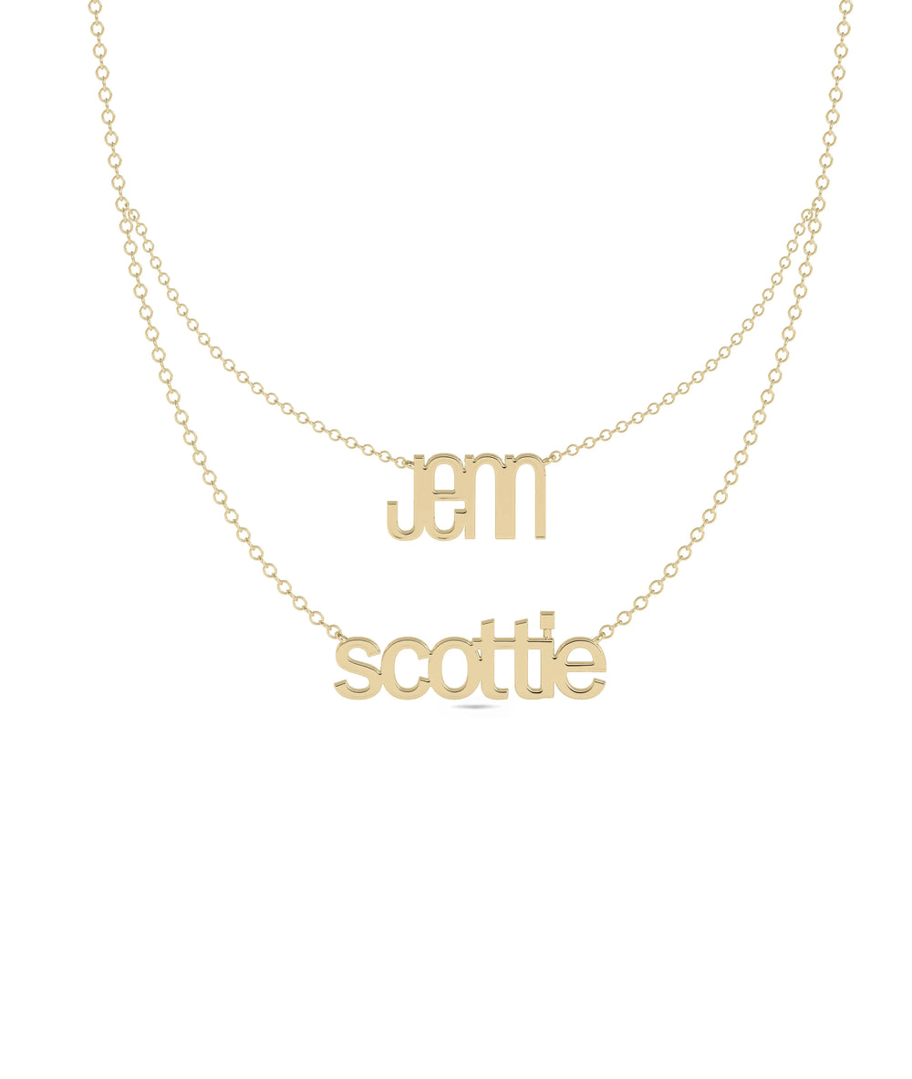 Custom 2 Name Layered Necklace in yellow gold with dual personalized name pendants