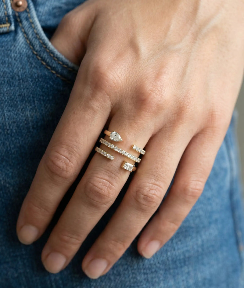 Three-Row Diamond Pave & Solitaire Band Ring