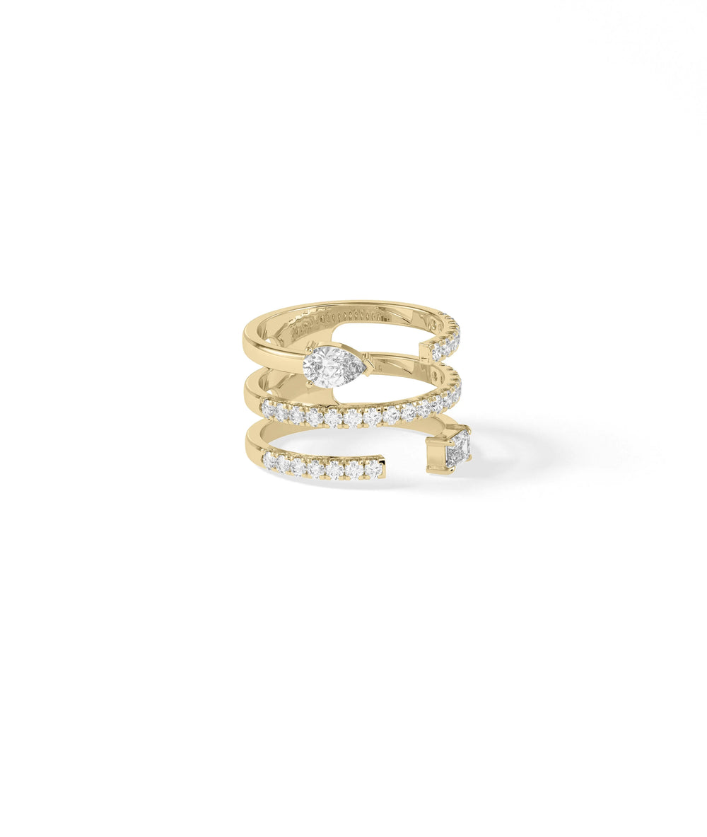 Side view of 3 Row Diamond Pave and Solitaire Band Ring showing triple row detail