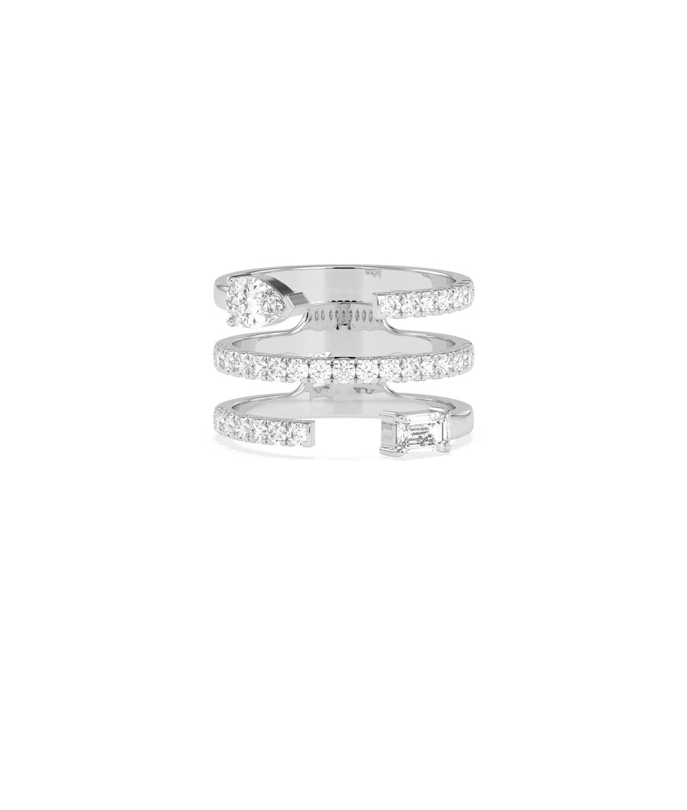 3 Row Diamond Pave and Solitaire Band Ring in white gold with abundant sparkle
