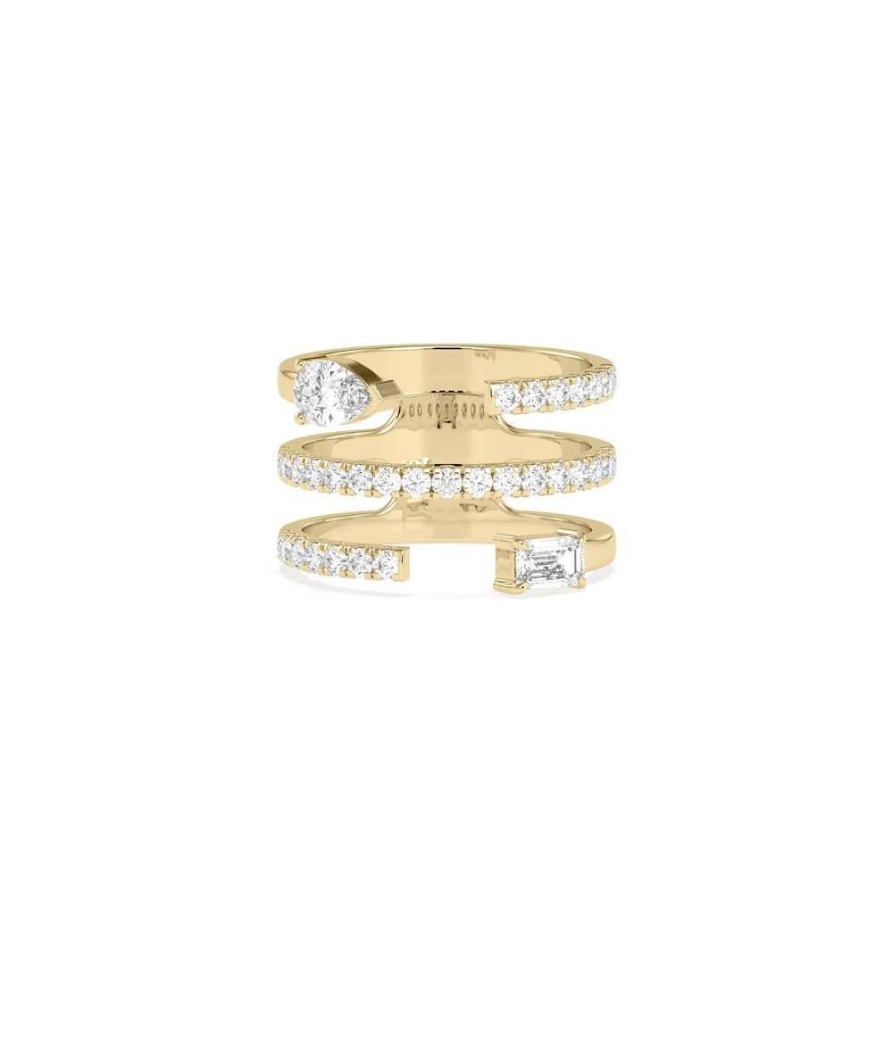 3 Row Diamond Pave and Solitaire Band Ring in yellow gold with center diamond