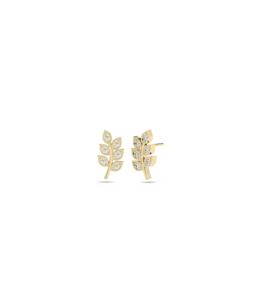 Diamond Leaf Stud Earring in yellow gold with graceful botanical leaf and diamond sparkle
