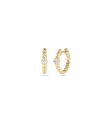 Diamond Bezel Set Solitaire Hoop Earring in yellow gold with bezel solitaire on classic hoop