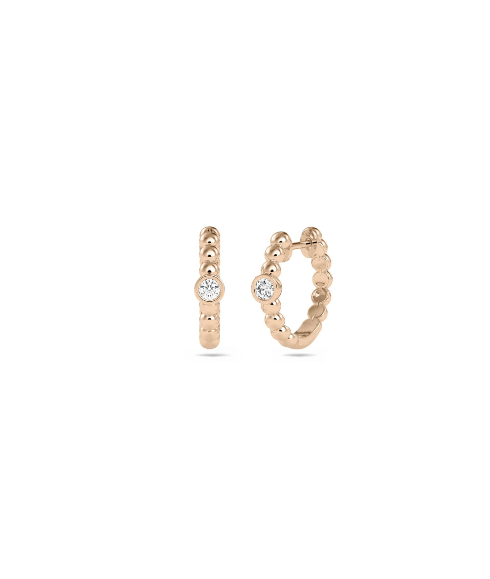 Rose gold Diamond Bezel Set Solitaire Hoop Earring with protected solitaire and smooth bezel