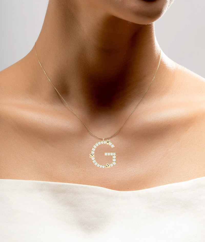 Dainty Diamond Pave Initial with Gold Heart 0.15 Cttw on necklace