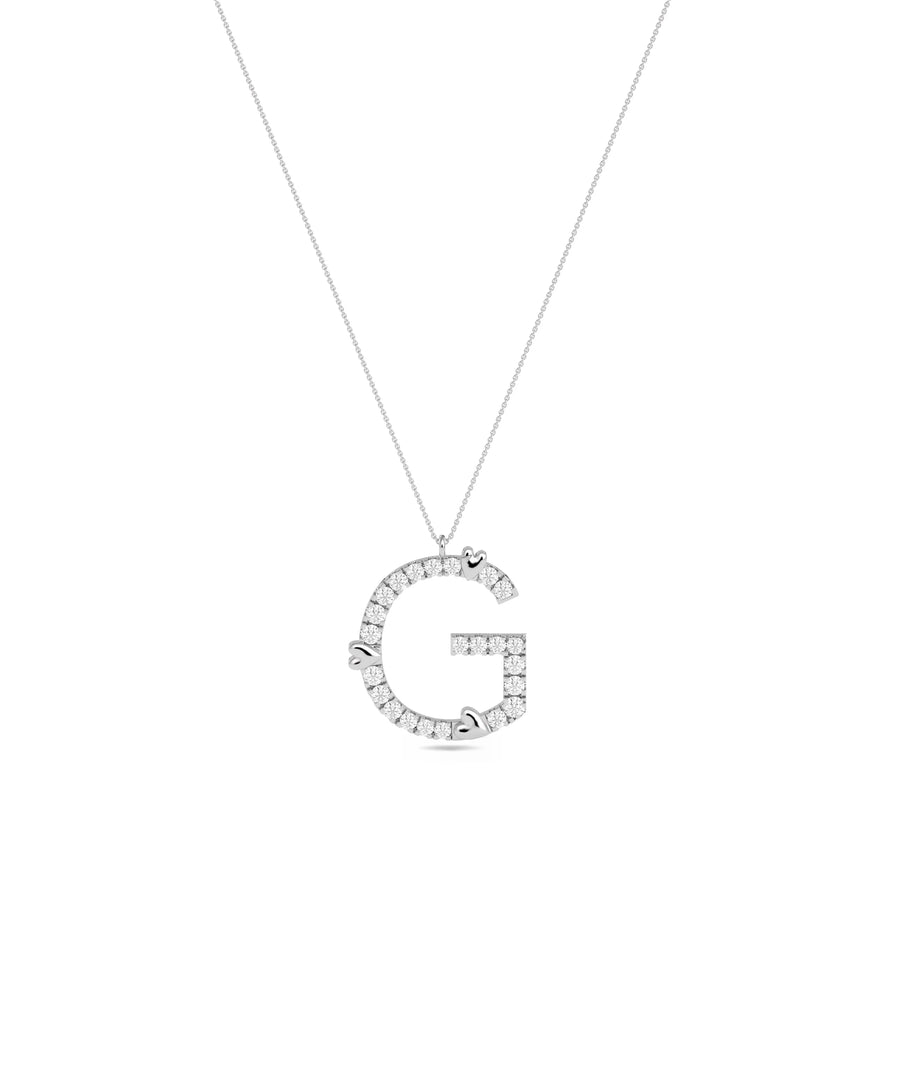 Diamond Pave Initial with Gold Heart Charm in white gold romantic styling