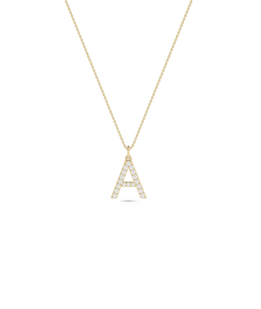 Diamond Pave Initial Charm size comparison showing all six options