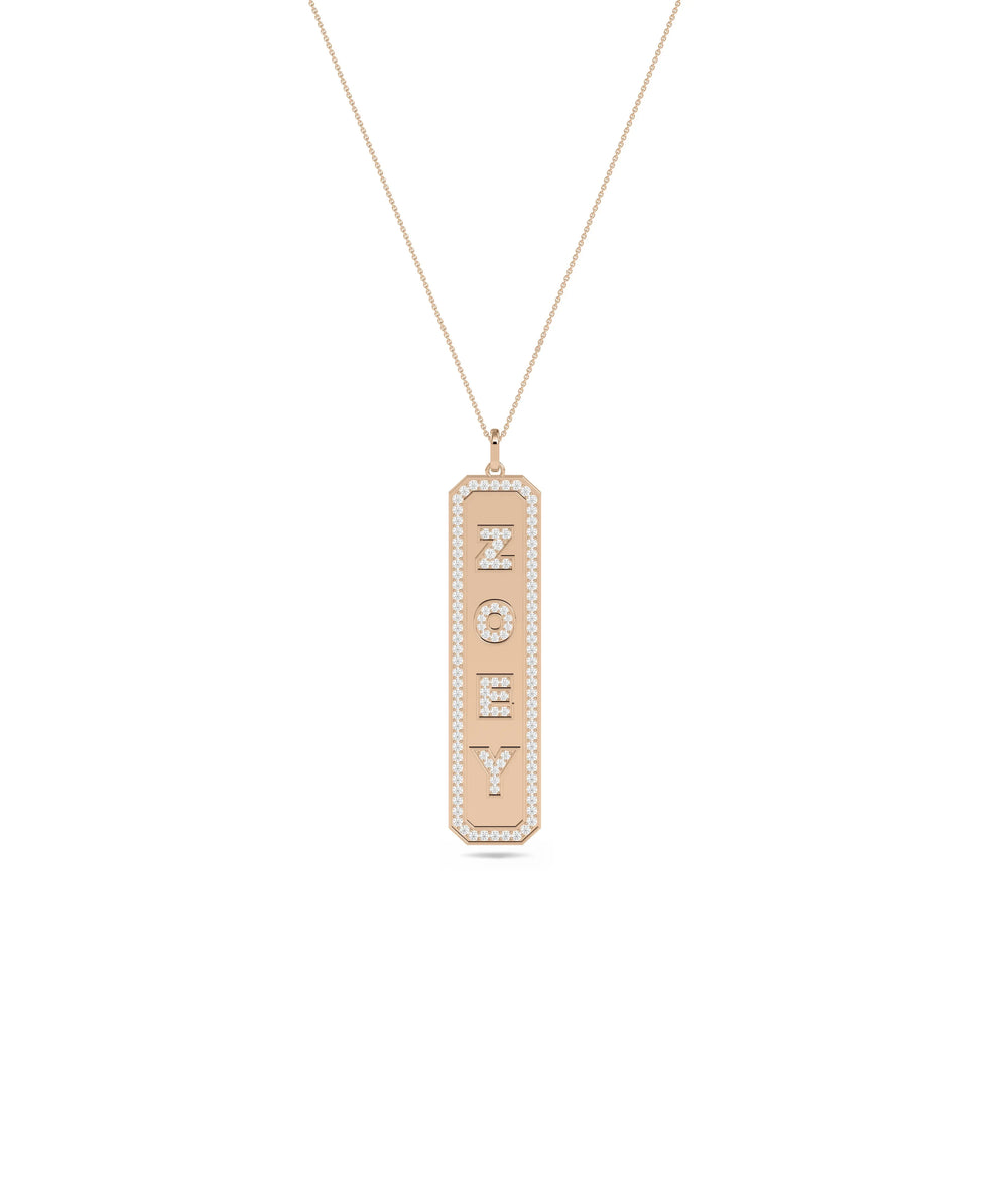 Custom Diamond Name Embossed Charm in rose gold with dimensional lettering