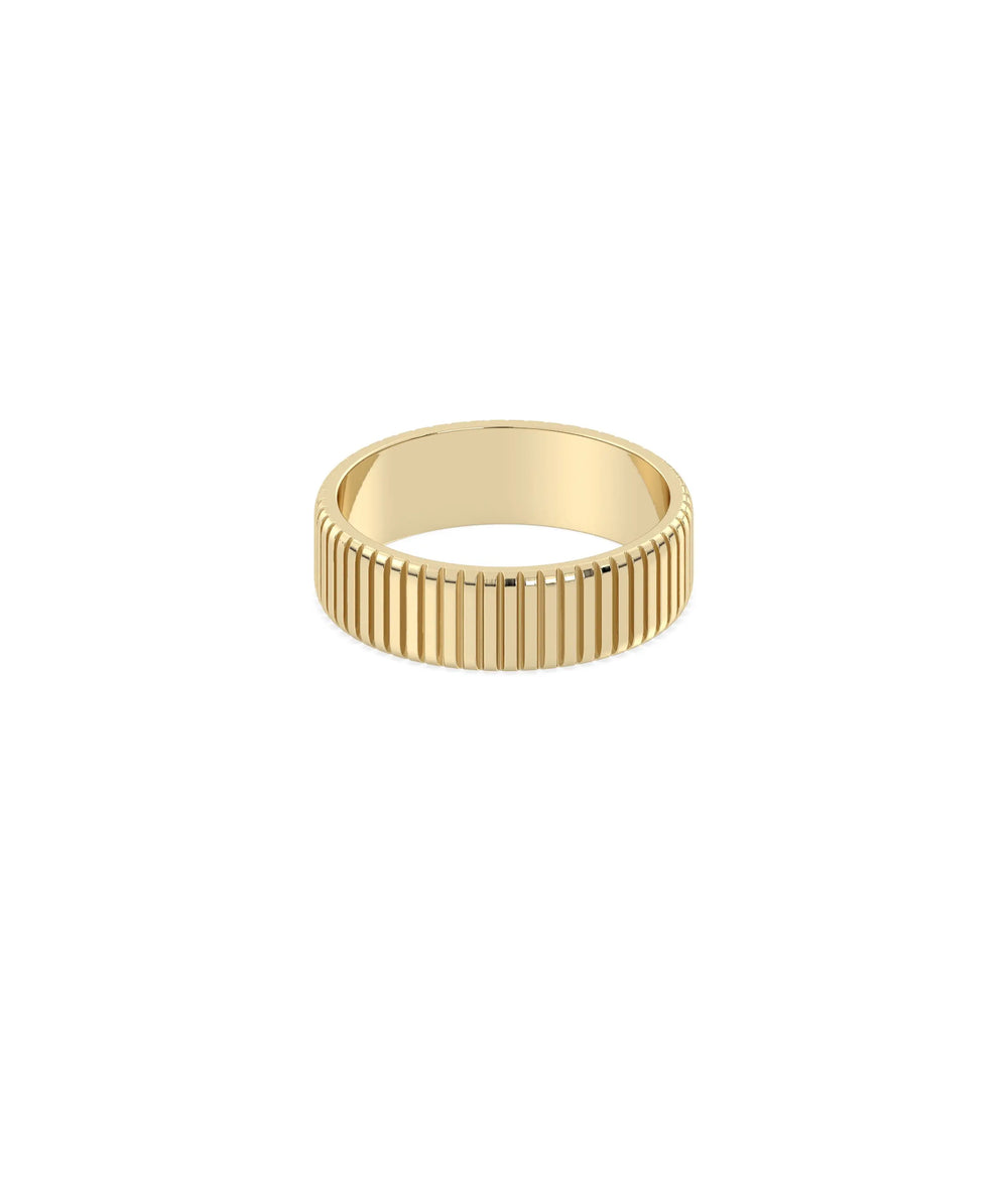 Fluted band ring side view displaying dimensional ridged texture detail