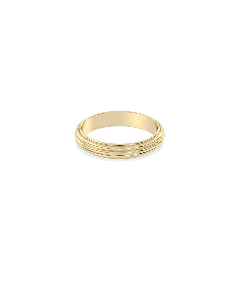 Side view Fluted Step Gold Band Ring showing 4mm width and architectural dimension